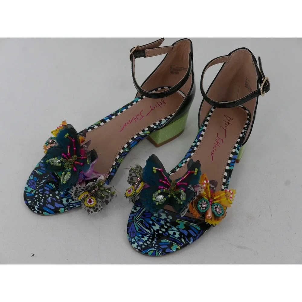 Betsey Johnson Pippy Sandals Multicolor Butterfly Beaded Block Heel Girls 4M